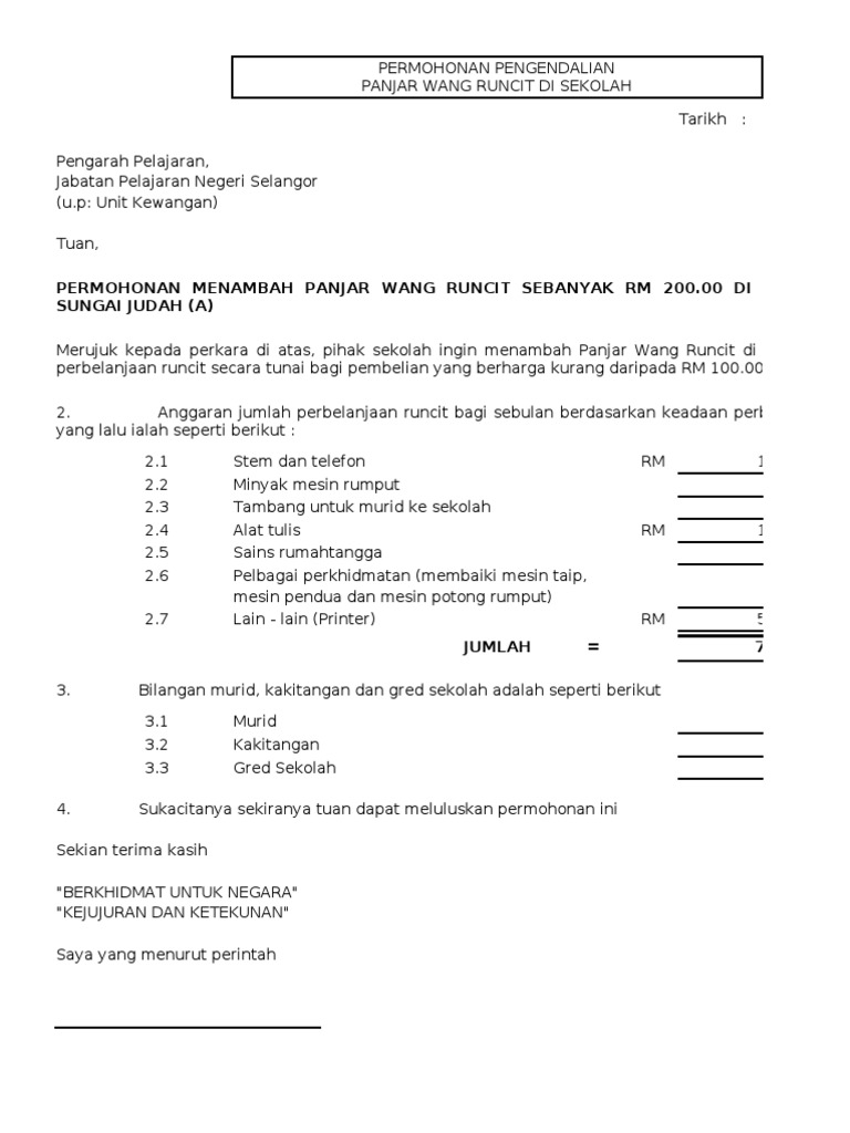 Contoh Surat Penurunan Kuasa Panjar Wang Runcit