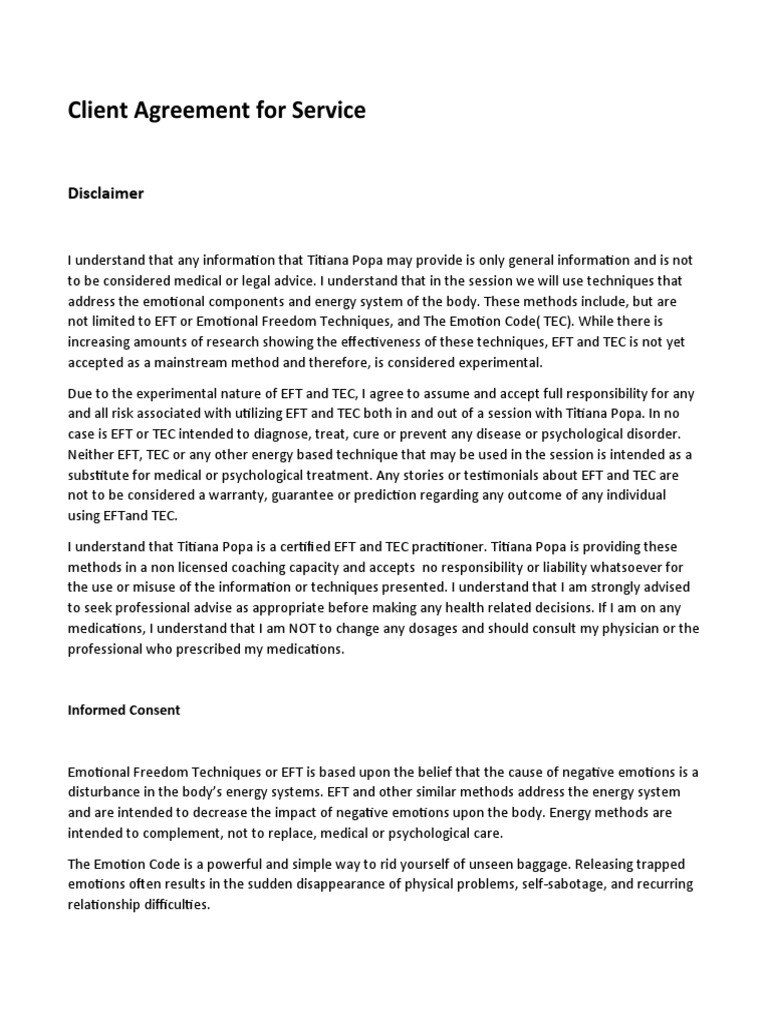 Client Agreement For Service | PDF | Emotional Freedom Techniques ...
