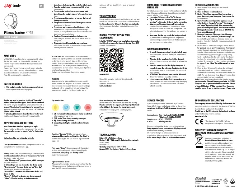 Fitness Tracker Fty18 User'S Manual Download Free PDF Smartphone
