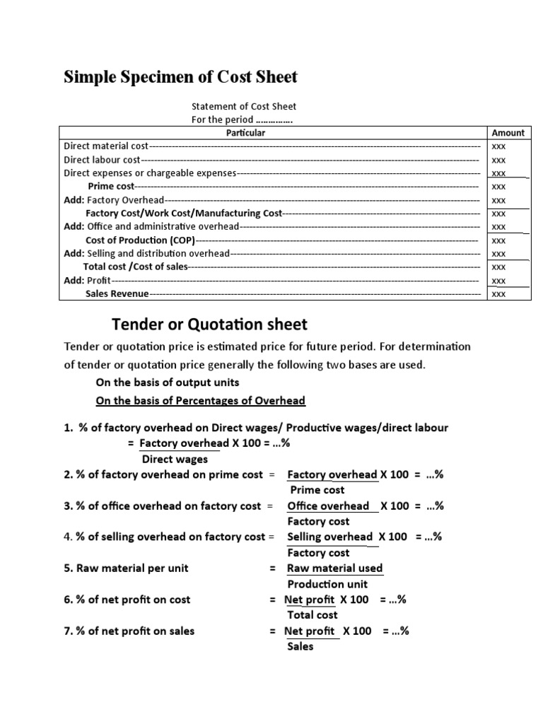 Simple Specimen of Cost Sheet PDF Cost Cost Of Goods Sold