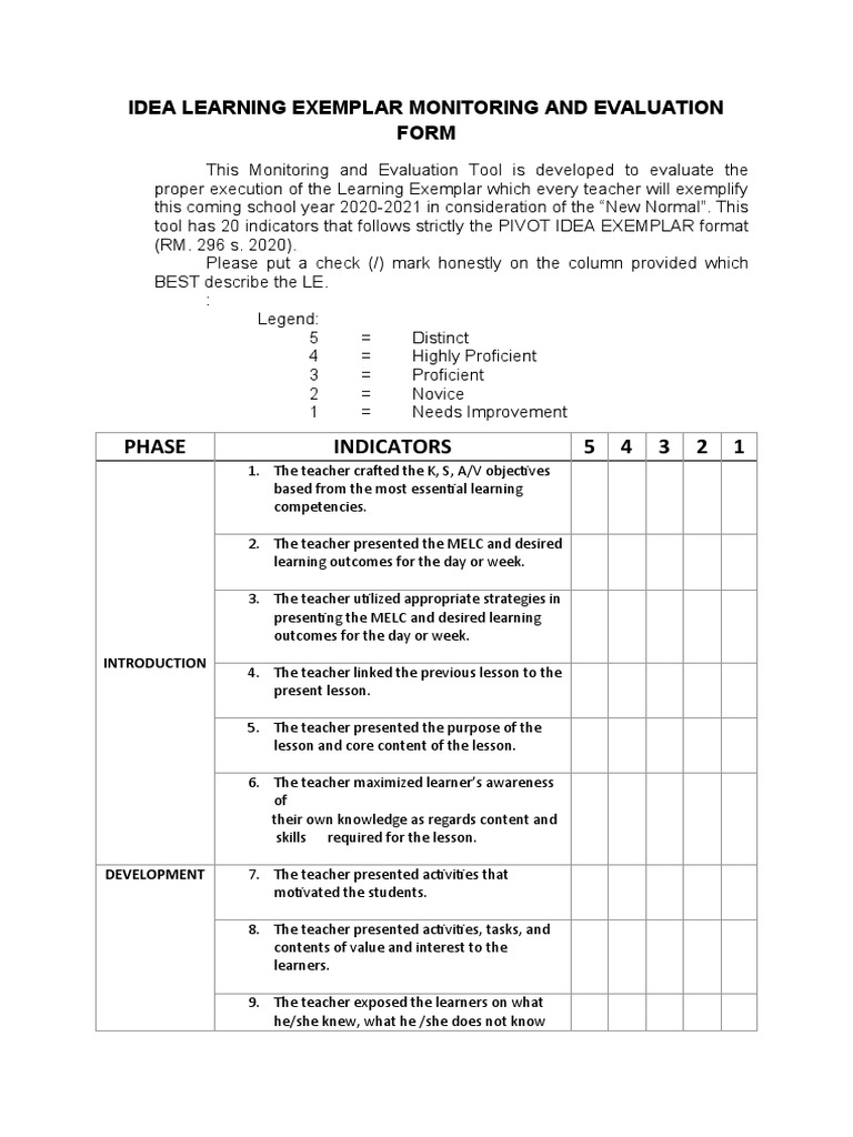 Phase Indicators 5 4 3 2 1: Idea Learning Exemplar Monitoring and ...