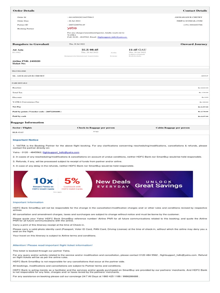 Flight Booking Details: BLR to GAU | PDF | Identity Document | Transport