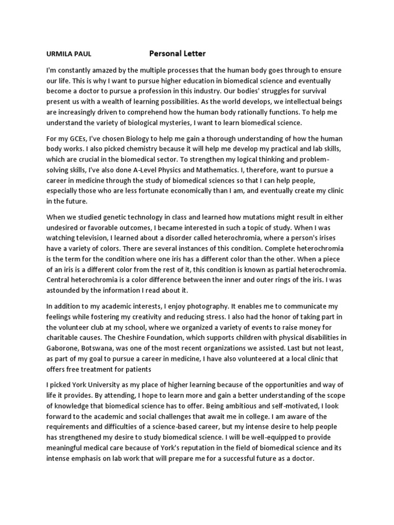 Personal Statement for Biomedical Science | PDF | Science | Medicine