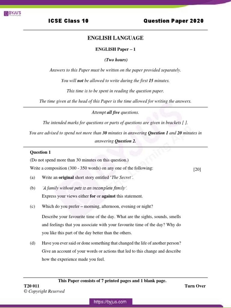 ICSE Class 10 English Language Question Paper 2020 PDF Question