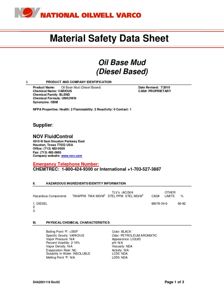 NOV OBM Whole Mud MSDS | PDF | Water | Diesel Fuel