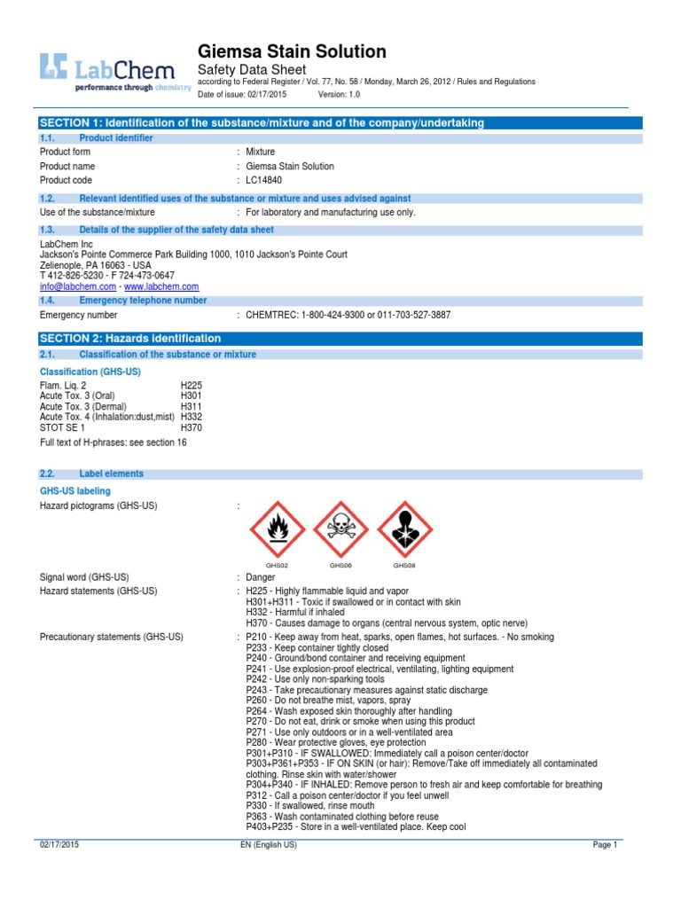 Giemsa Stain Solution Safety Data Sheet PDF Firefighting Toxicity