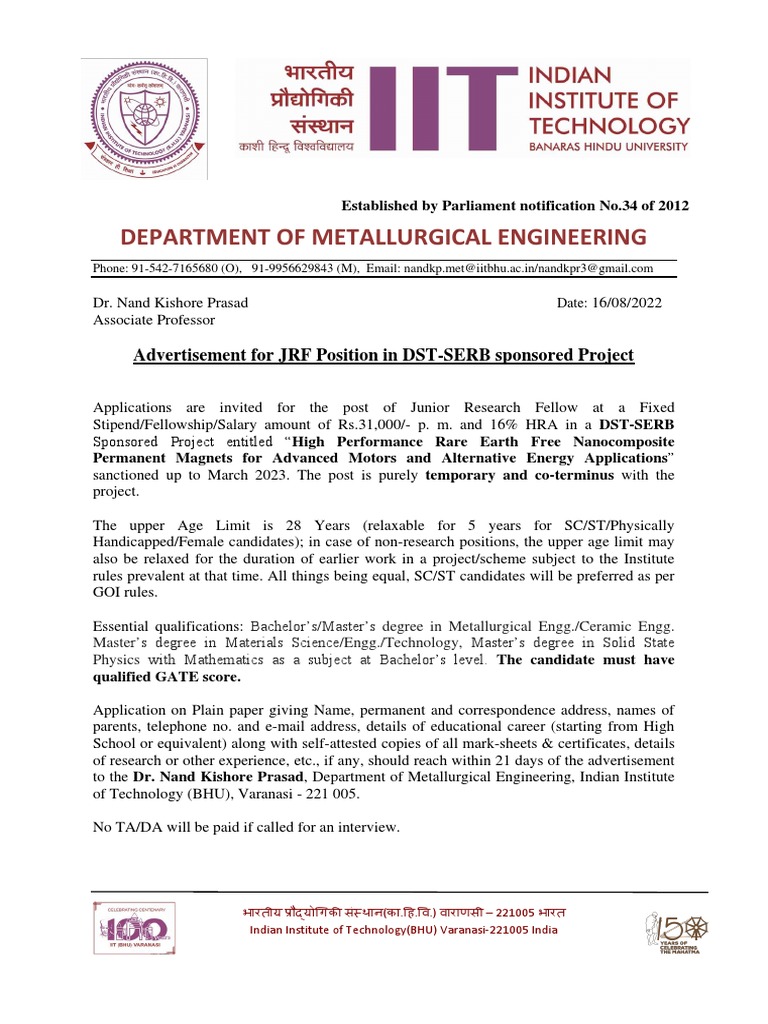 Department Of Metallurgical Engineering Advertisement For Jrf Position