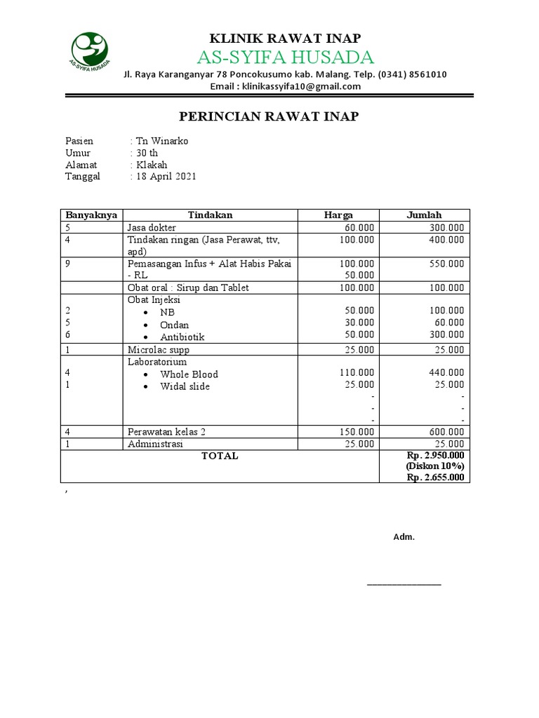 Biaya Rawat Inap Klinik As-Syifa | PDF