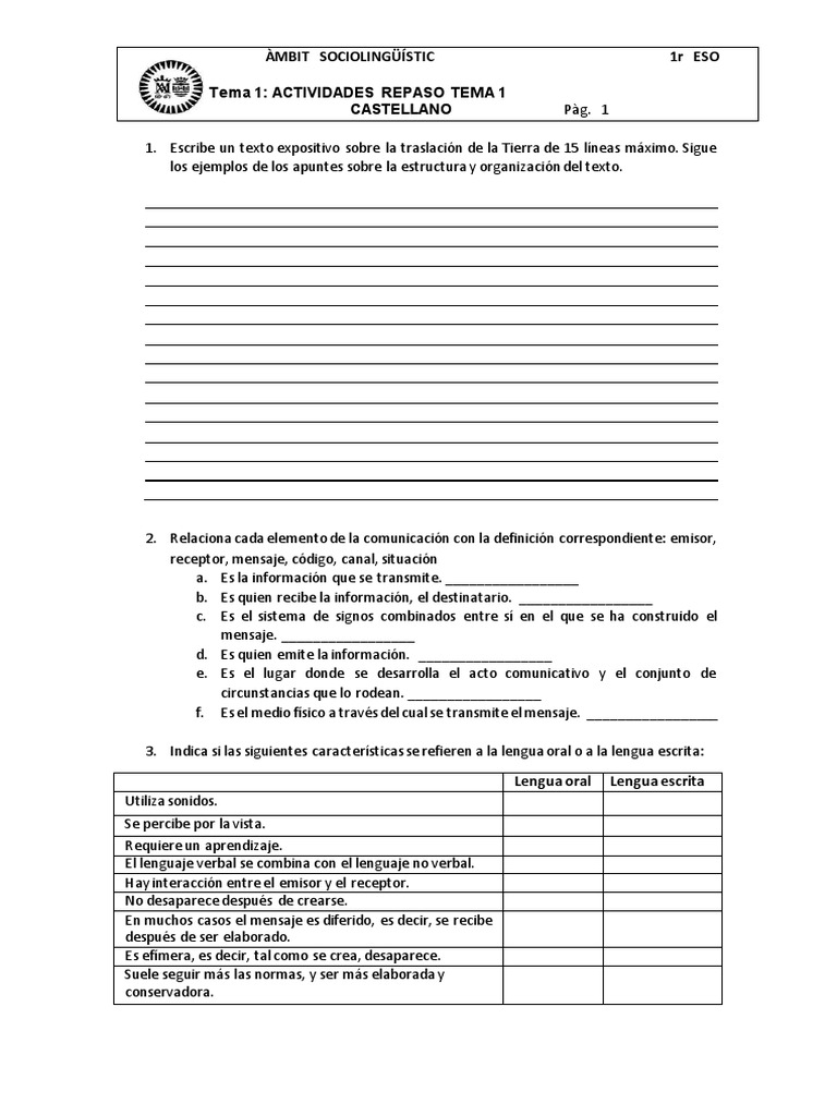 Actividades Repaso Tema 1 Castellano 1 Eso | PDF | Tierra | Información