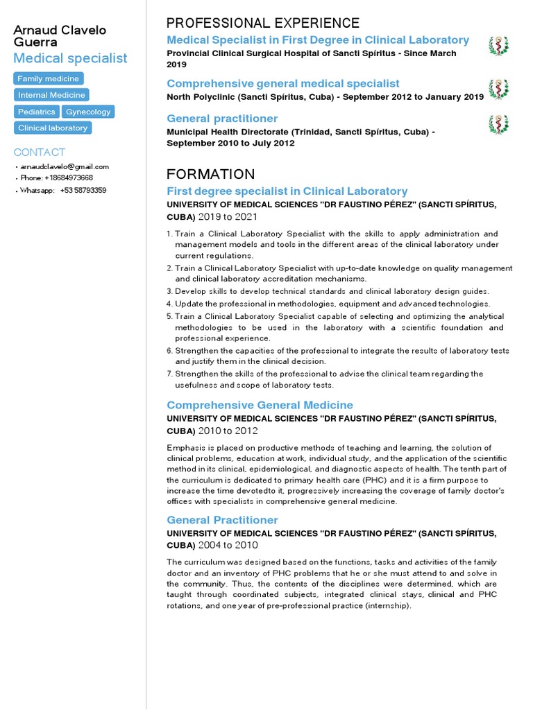 Professional Experience Medical Specialist PDF Medicine Medical