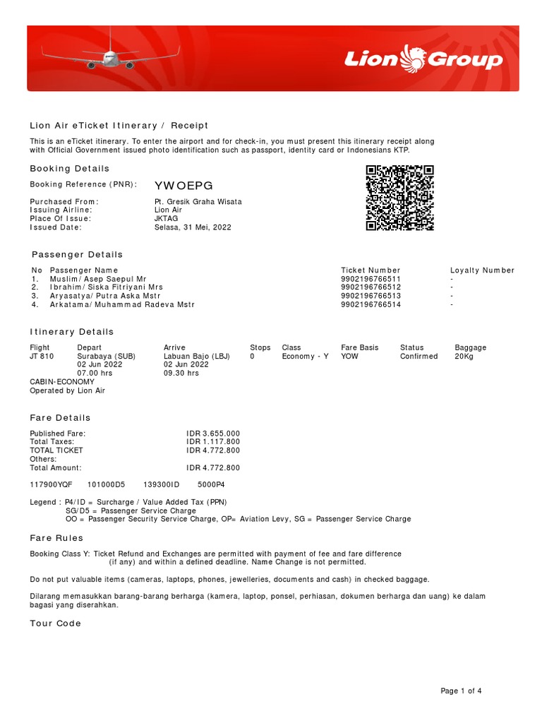 Ywoepg Lion Air Eticket Itinerary / Receipt PDF Aviation Transport