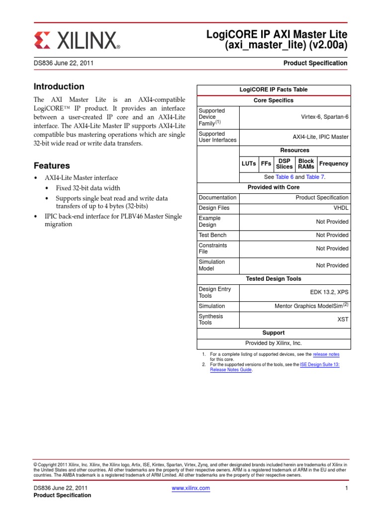 Logicore Ip Axi Master Lite (Axi - Master - Lite) (V2.00A) : Ds836 June ...