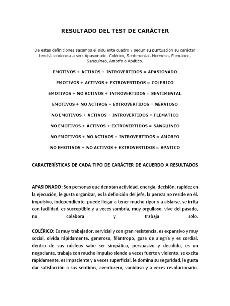 Resultado Del Test de Carácter | PDF