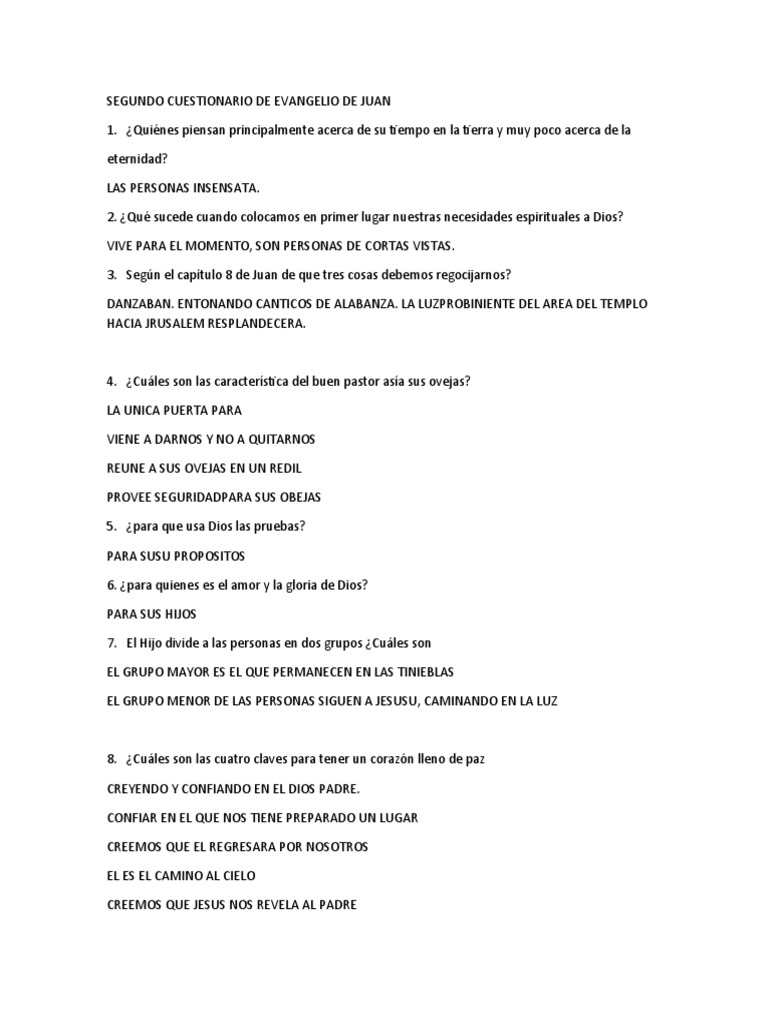 Cuestionario sobre el Evangelio de Juan | PDF | Filosofía | Relaciones ...