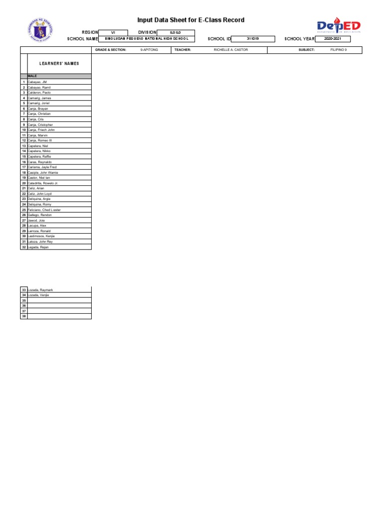 Input Data Sheet For E Class Record Region Division School Name School