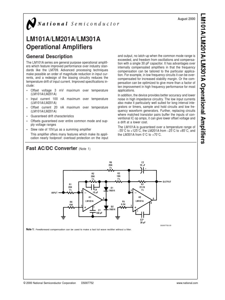 LM101A/LM201A/LM301A Operational Amplifiers General Description PDF