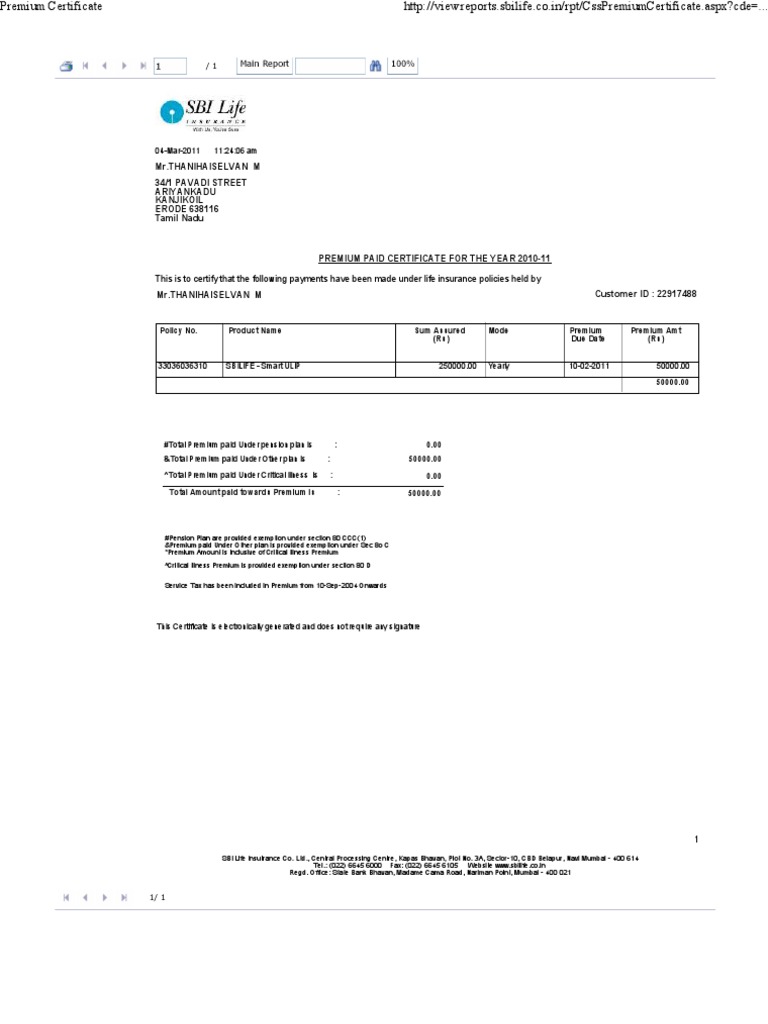 SBI LIFE Premium Certificate Life Insurance Business Law