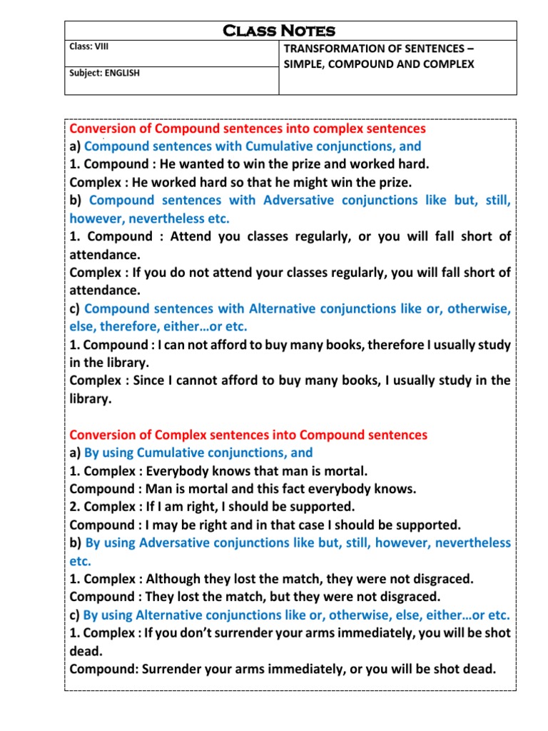 Class Notes Conversion of Compound Sentences Into Complex Sentences PDF