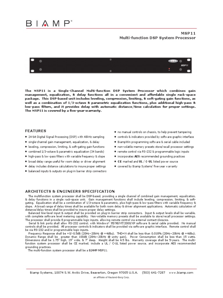 MSP11 MultiFunction DSP System Processor An Affiliate of