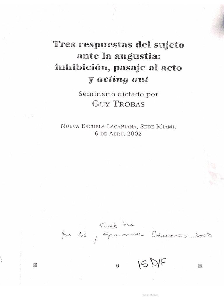 GUY TROBAS. Tres Respuestas Del Sujeto Ante La Angustia, Inhibición ...