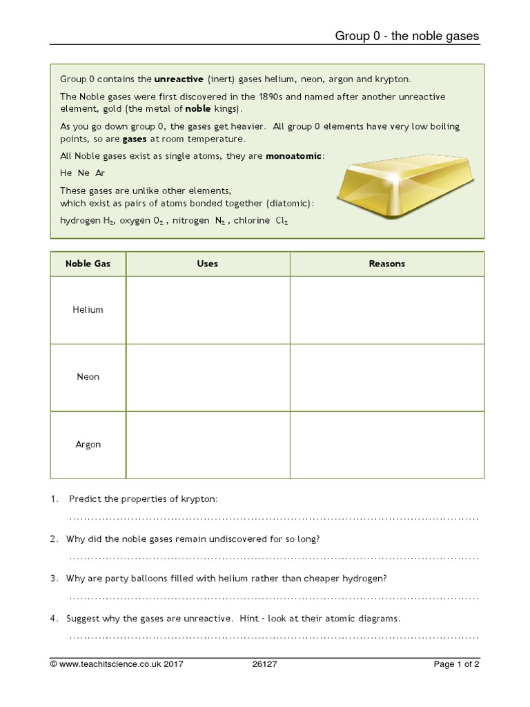 Noble Gas Worksheet | PDF | Argon | Gases