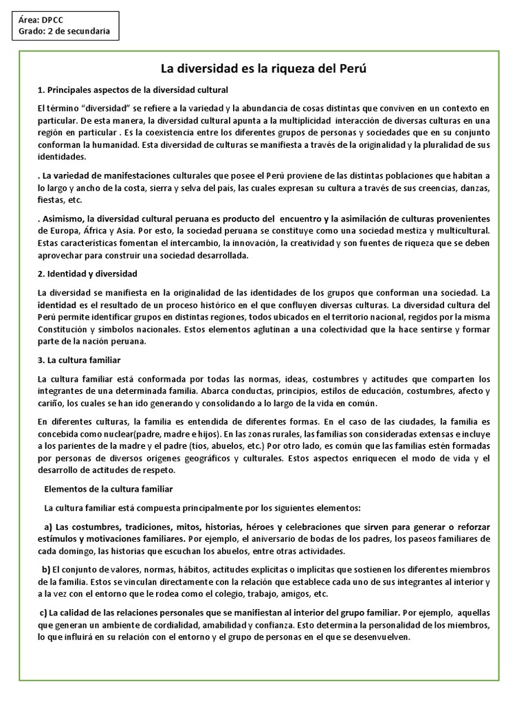 Teoría Clase DPCC 2° La Diversidad Es La Riqueza Del Perú | PDF ...