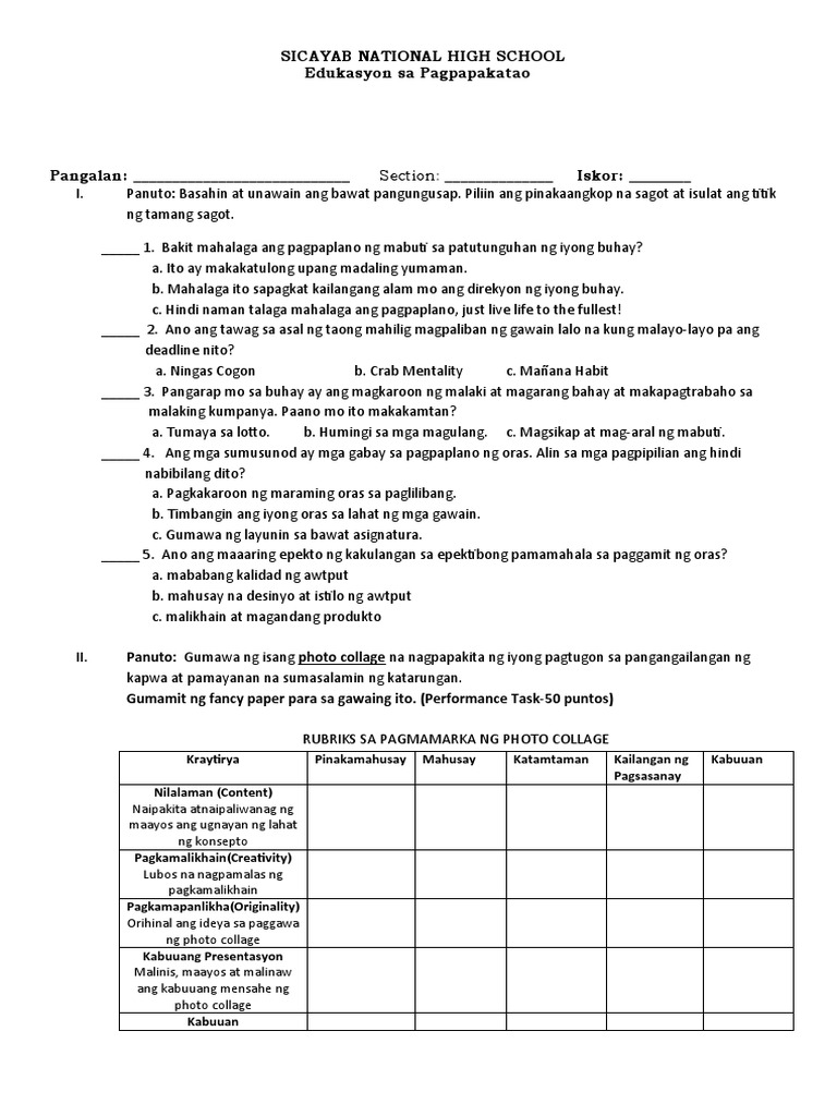 Esp - Pre Test and Post Test 2022 | PDF