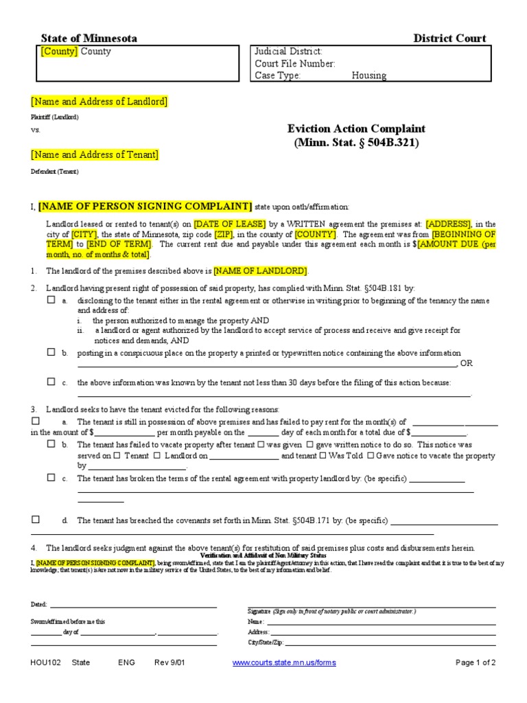 Minnesota Eviction Action Complaint Form | PDF | Eviction | Leasehold ...