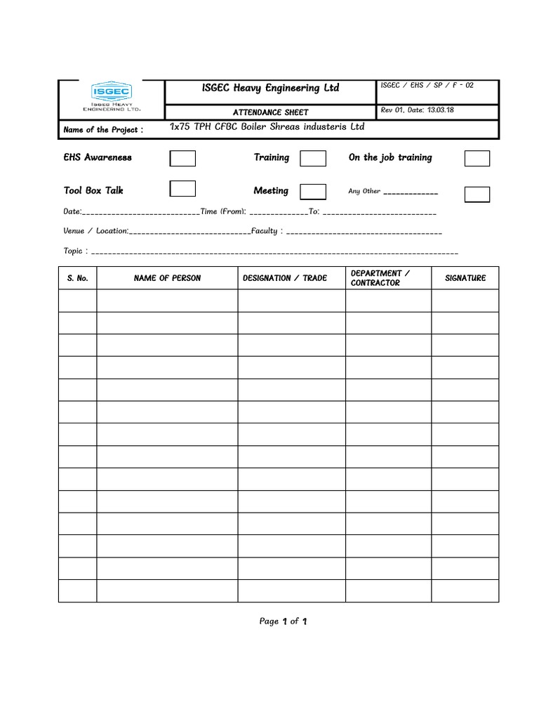 02 Attendance Sheet For HSE Awareness, Training, Toolbox, Meetings, Etc ...