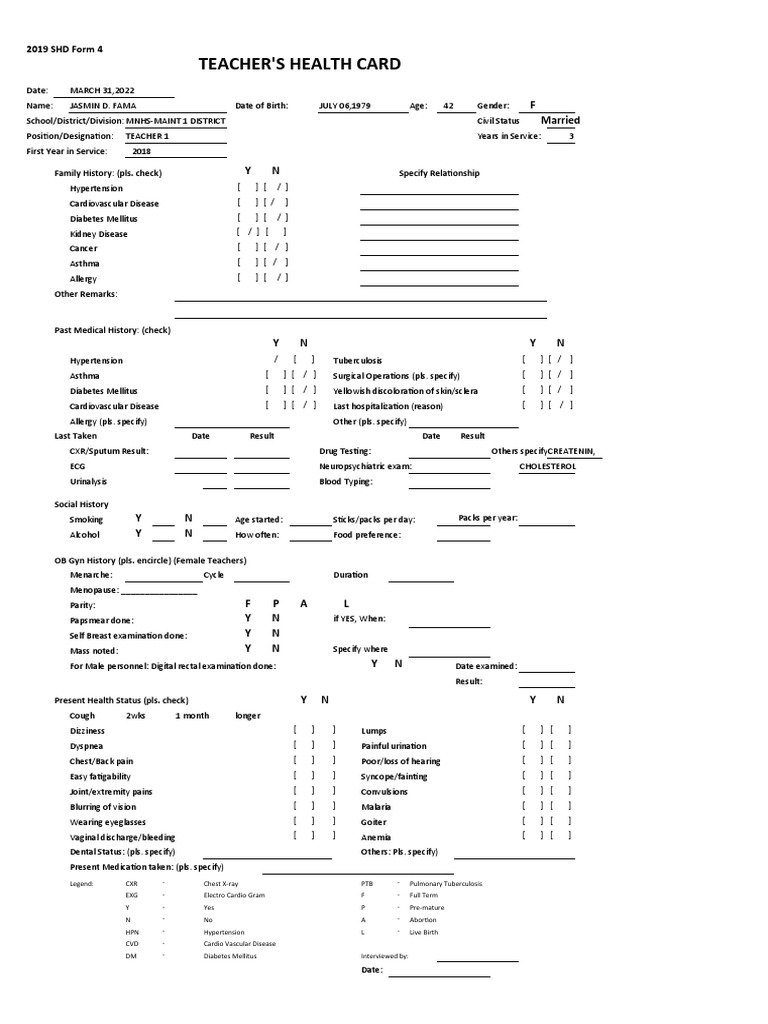 SHD Form 4 TNTP Health Form PDF Medical Specialties Clinical Medicine