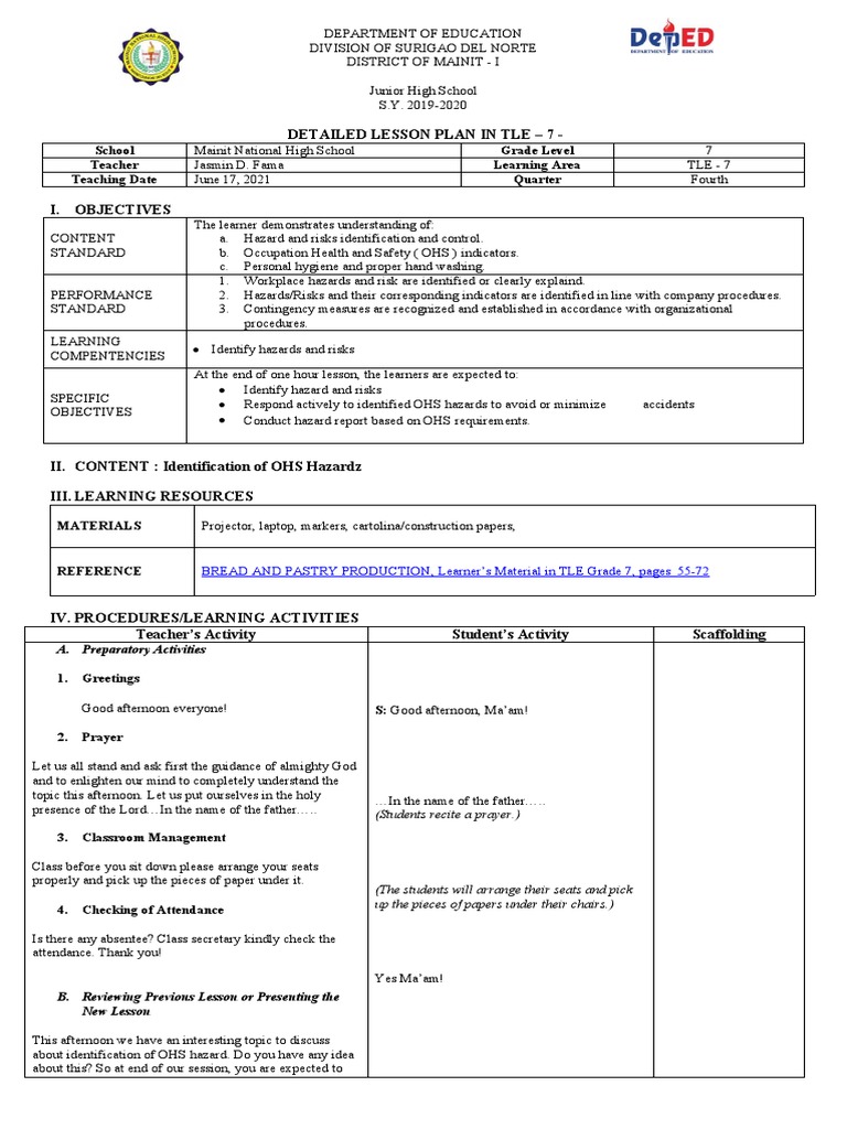 Detailed Lesson Plan in Tle - 7 - : School Grade Level Teacher Learning ...