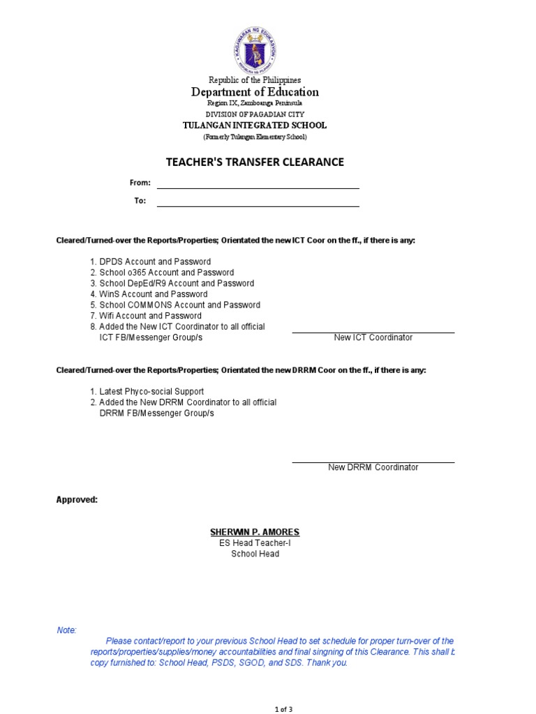 Teacher'S Transfer Clearance Department of Education PDF Philippines