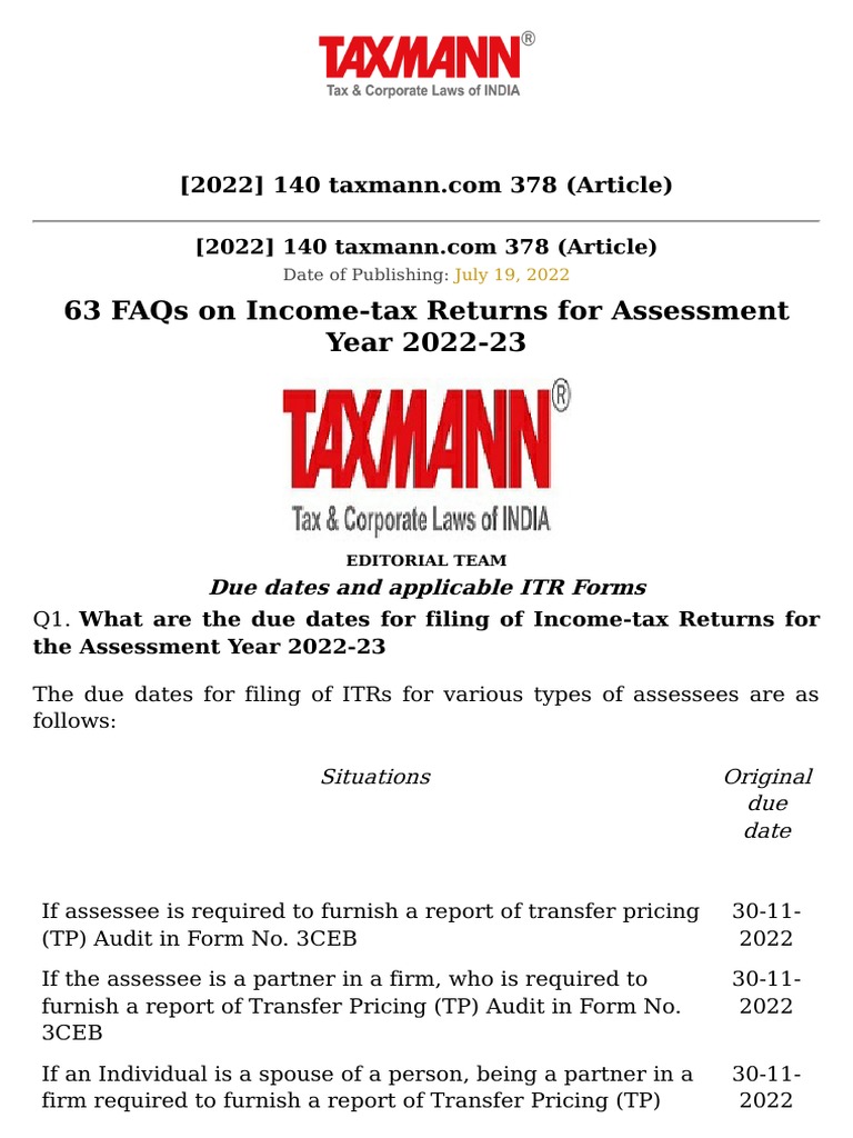 ITR FAQs AY 2223 Taxmann PDF Tax Deduction Taxes