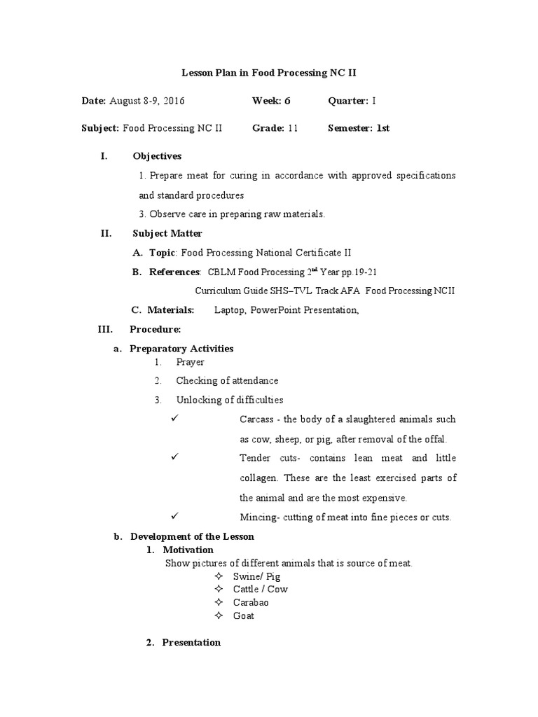 lesson-plan-in-food-processing-nc-ii-pdf-meat-food-and-drink
