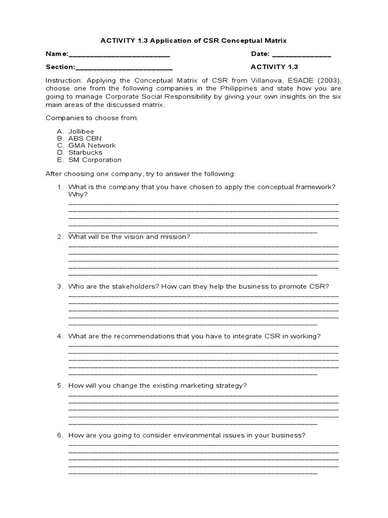 Activity 1.3 Application of CSR Conceptual Framework | PDF | Corporate ...