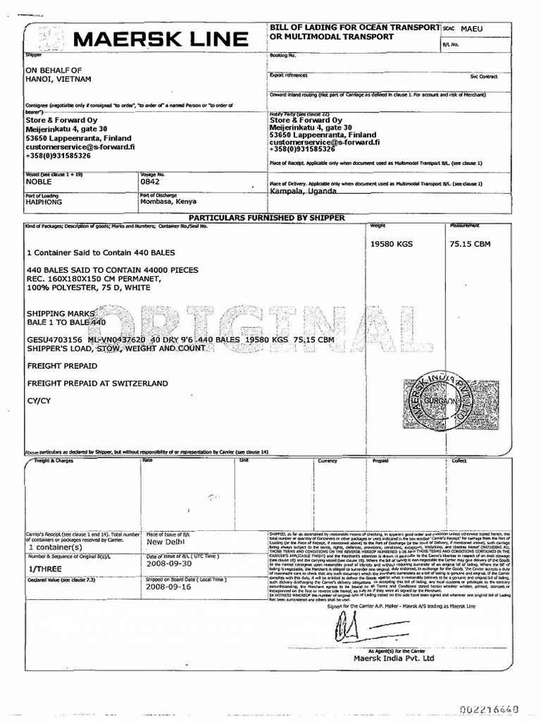 Maersk Line Bill of Lading Sample | PDF | Private Law | Legal Documents