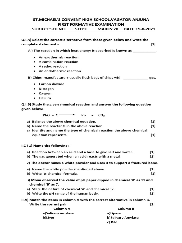 ST Michael'S Convent High School, VagatorAnjuna First Formative Examination SubjectScience