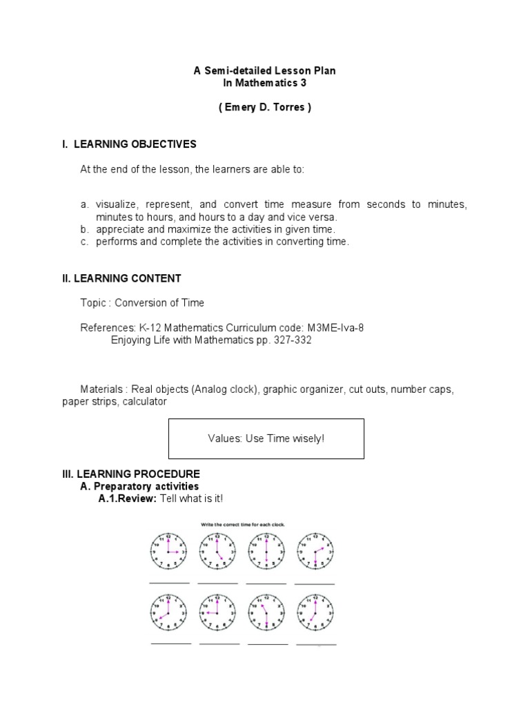 Grade 2 Time Conversion Lesson Plan | PDF | Hour | Clock