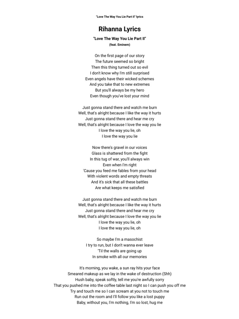 Rihanna - Love The Way You Lie Part II Lyrics | PDF | Songs Written