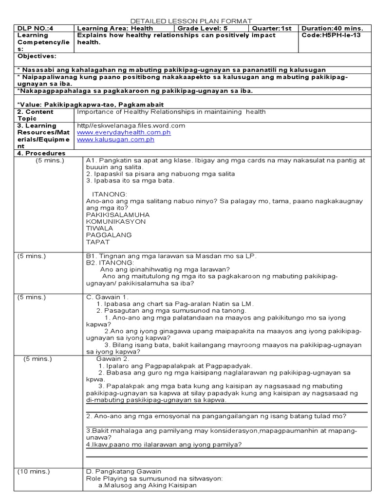 Detailed lesson plan in health 5 4 pdf