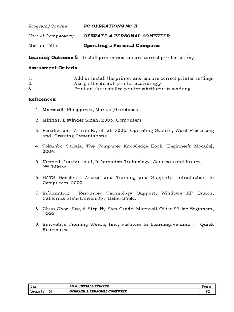 Operating a personal computer learning outcome 5 install printer and