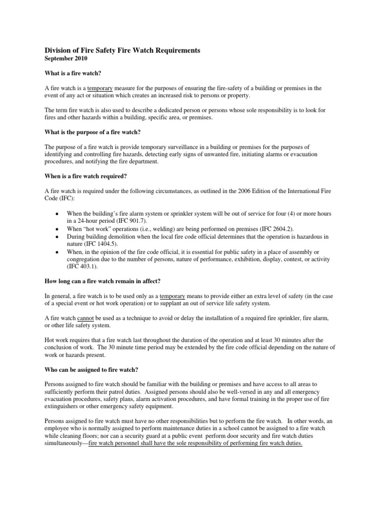 Division of Fire Safety Fire Watch Requirements PDF Fire Safety Public Safety