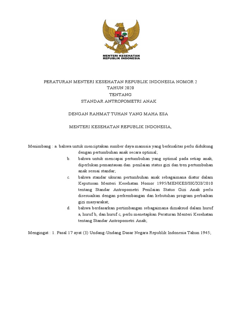 PMK No 2 TH 2020 TTG Standar Antropometri Anak-Dikonversi | PDF