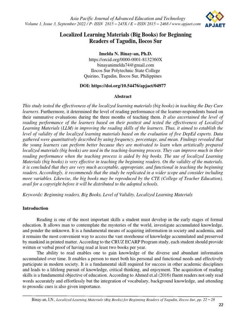 Localized Learning Materials (Big Books) For Beginning Readers of