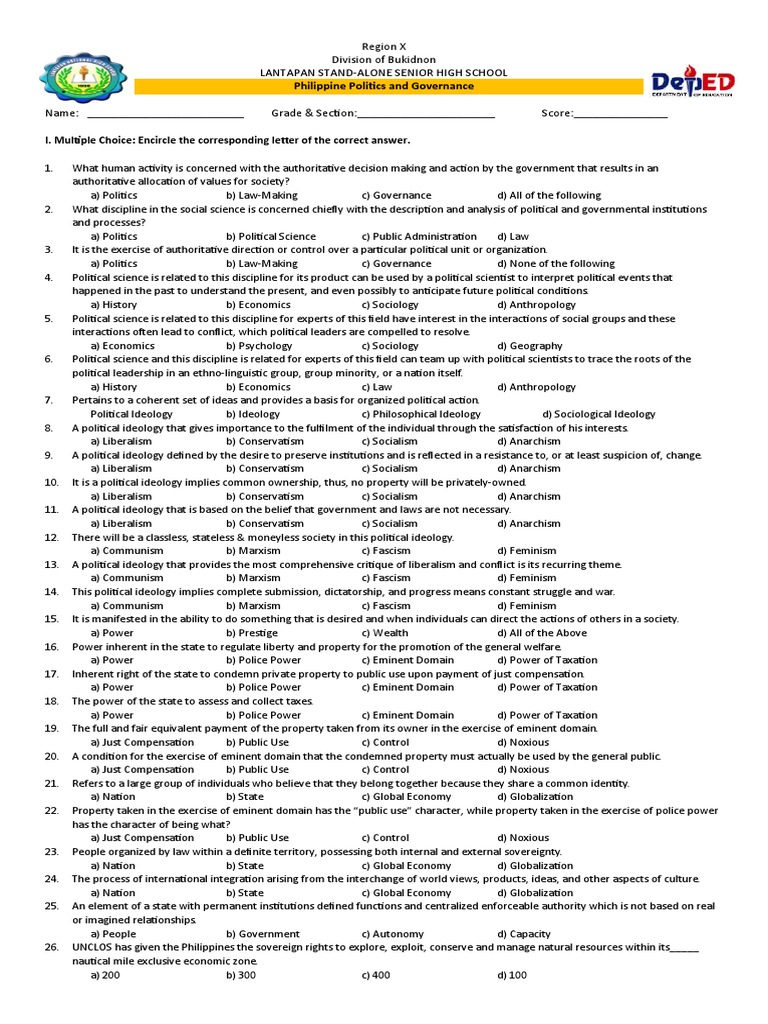 Philippine Politics and Governance Quiz | PDF | State (Polity) | Pardon
