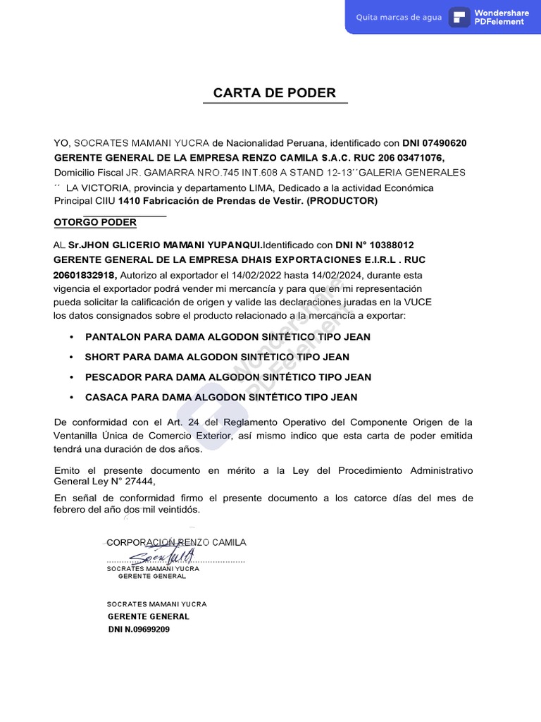 Carta de poder exportación | PDF
