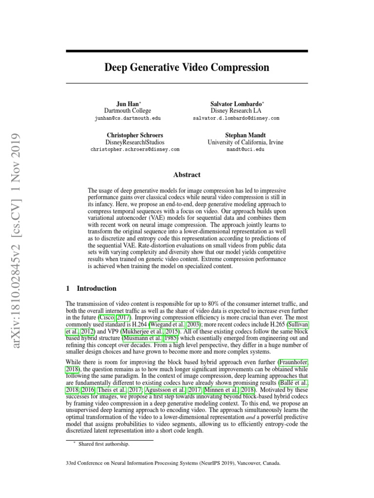Deep Generative Video Compression PDF Data Compression Deep Learning