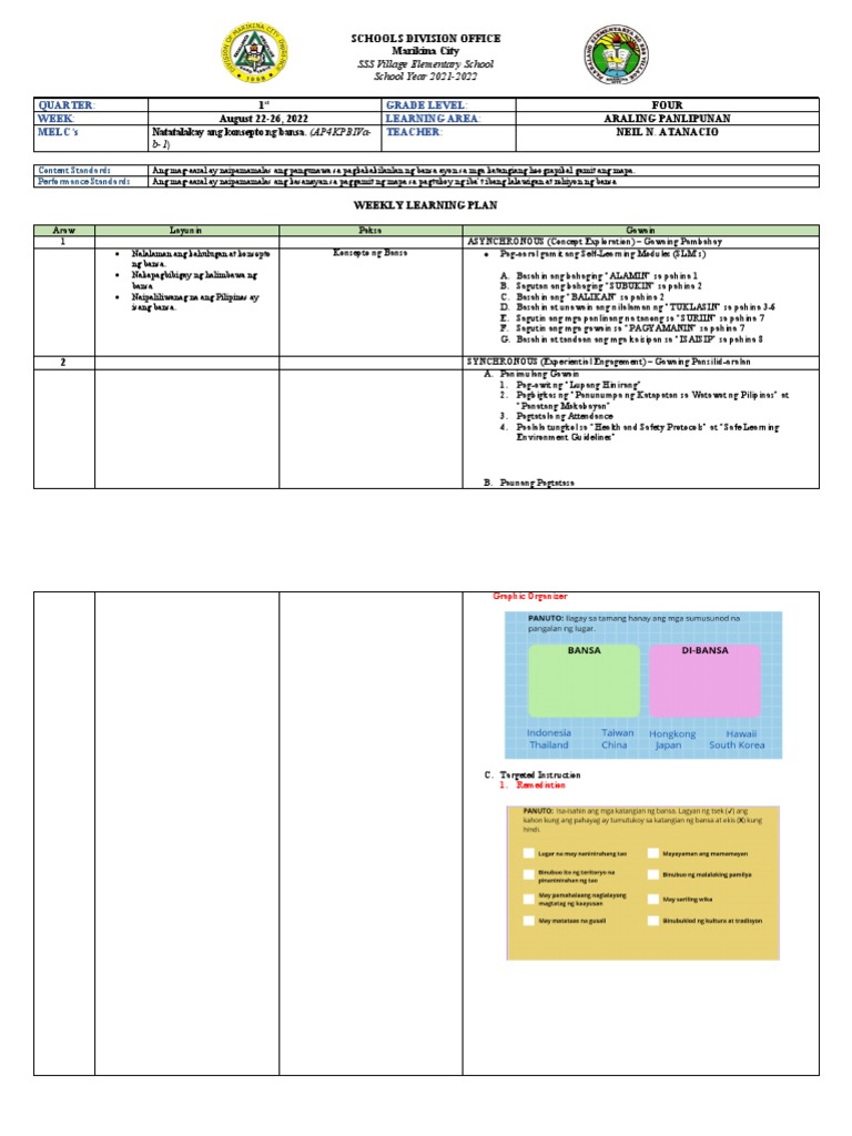 Atanacio - Weekly Learning Plan-AP Q1 Week 1 | PDF