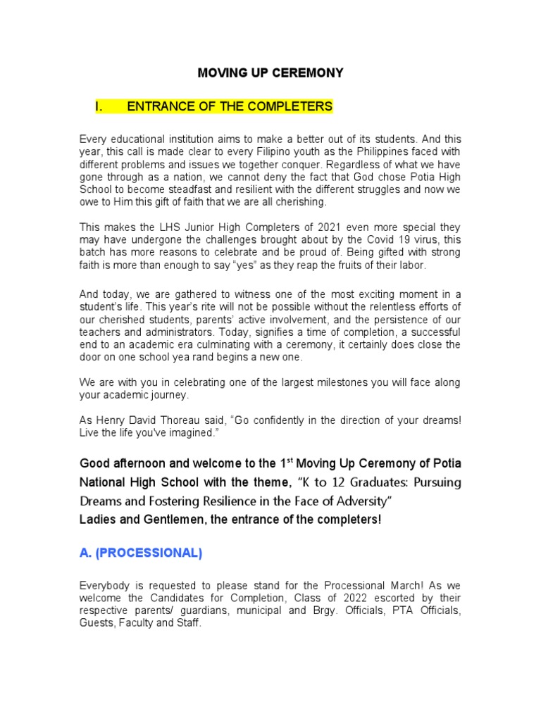 Moving Up Ceremony: A. (Processional) | PDF | Career & Growth | Wellness
