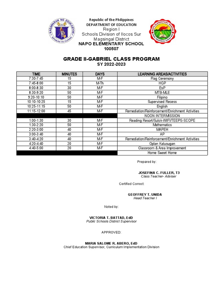 Sample Class Program For Grade 5 2023